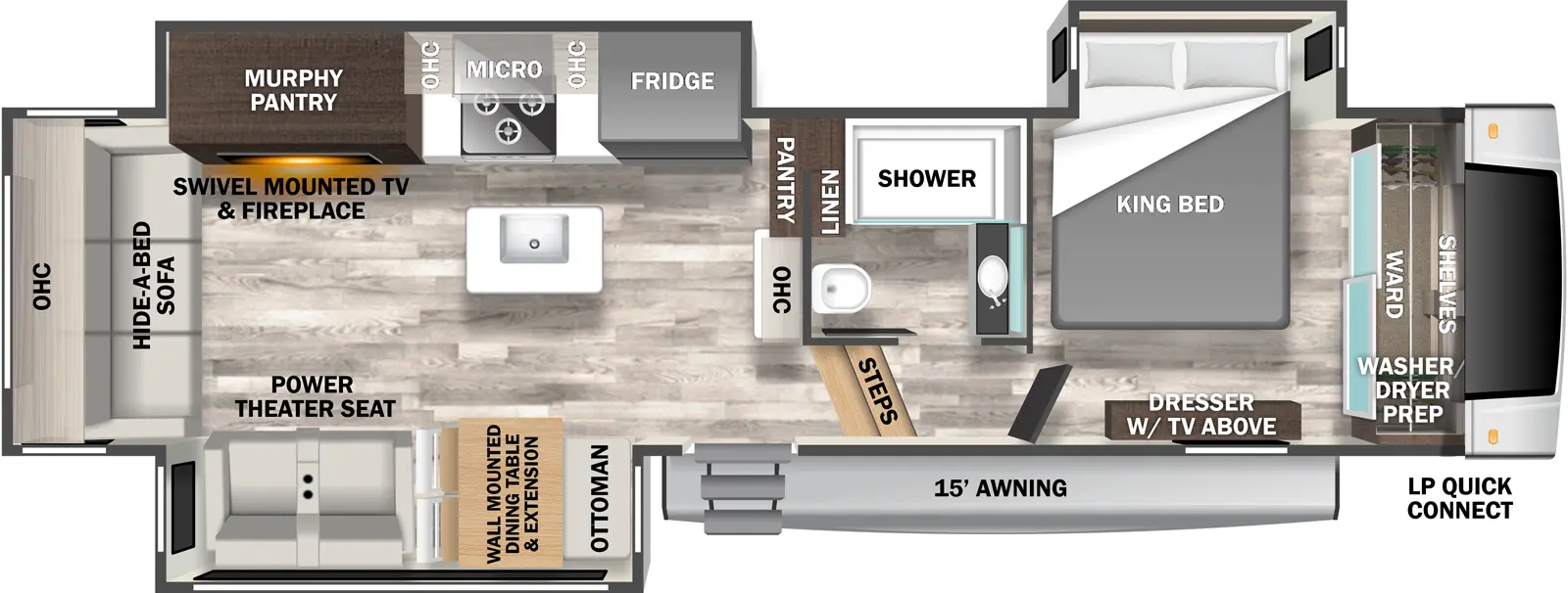 The 2925RL has three slideouts and one entry. Exterior features a 15 foot awning and LP quick connect. Interior layout front to back: front wardrobe with shelves and washer/dryer prep, off-door side king bed slideout, and door side dresser with TV above; off-door side full bathroom linen closet; two steps down to the main living area an entry; pantry and overhead cabinet along inner wall; kitchen island with sink; off-door side slideout with refrigerator, overhead cabinet, microwave, cooktop, and a murphy pantry with swivel mounted TV and fireplace; door side slideout with wall-mounted dining table, extension, and ottoman, and power theater seats; rear hide-a-bed sofa with overhead cabinet.